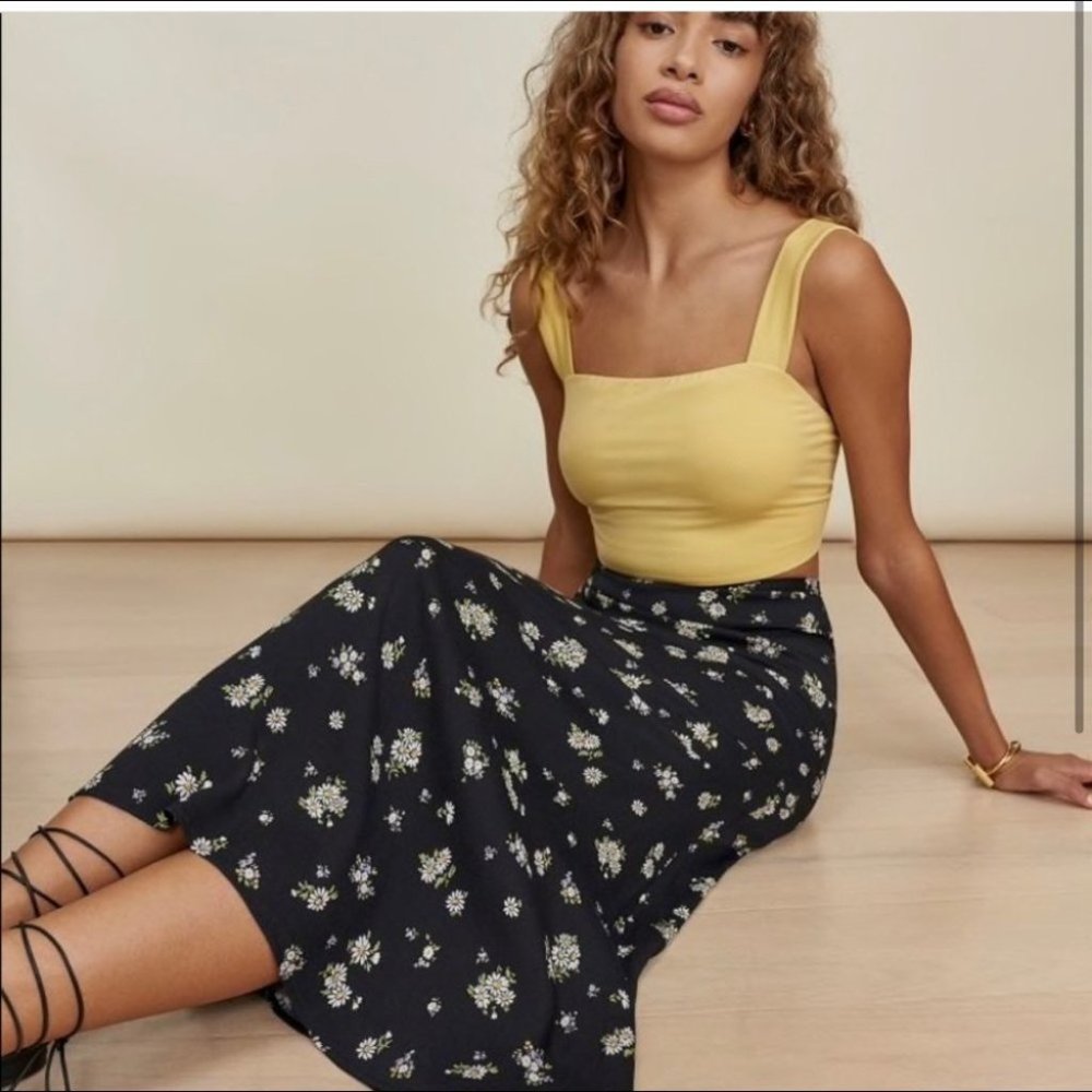 Reformation Bea Midi Skirt in Daisy Black Floral NWT